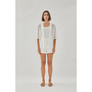 Textured Kimono Outer Cardigan Eyelet Pattern Open Front White S